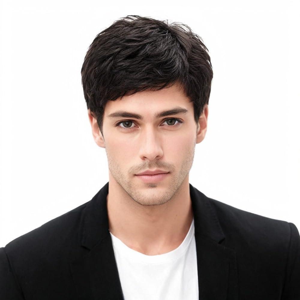 Men's Wigs,Short Mens Black Wig Layered Natural Hair Costume Halloween Heat Resistant Synthetic Wigs for Men Male