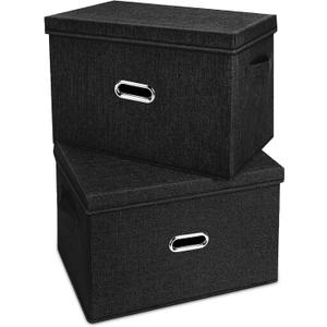 Large Linen Fabric Foldable Storage Bins with Removable Lid and Handles, Washable Storage Box Organizer Containers Baskets Cube with Cover for Bedroom,Office(Black, Medium(2-Pack))
