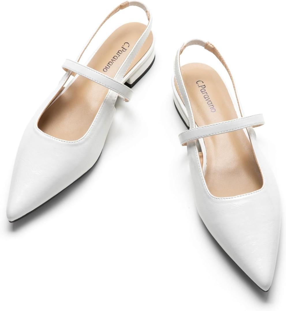 C.Paravano Women's Slingback Flats & Heels - Pointed Toe, Ankle Strap, Comfortable Leather Dress Shoes (9, White Flats)