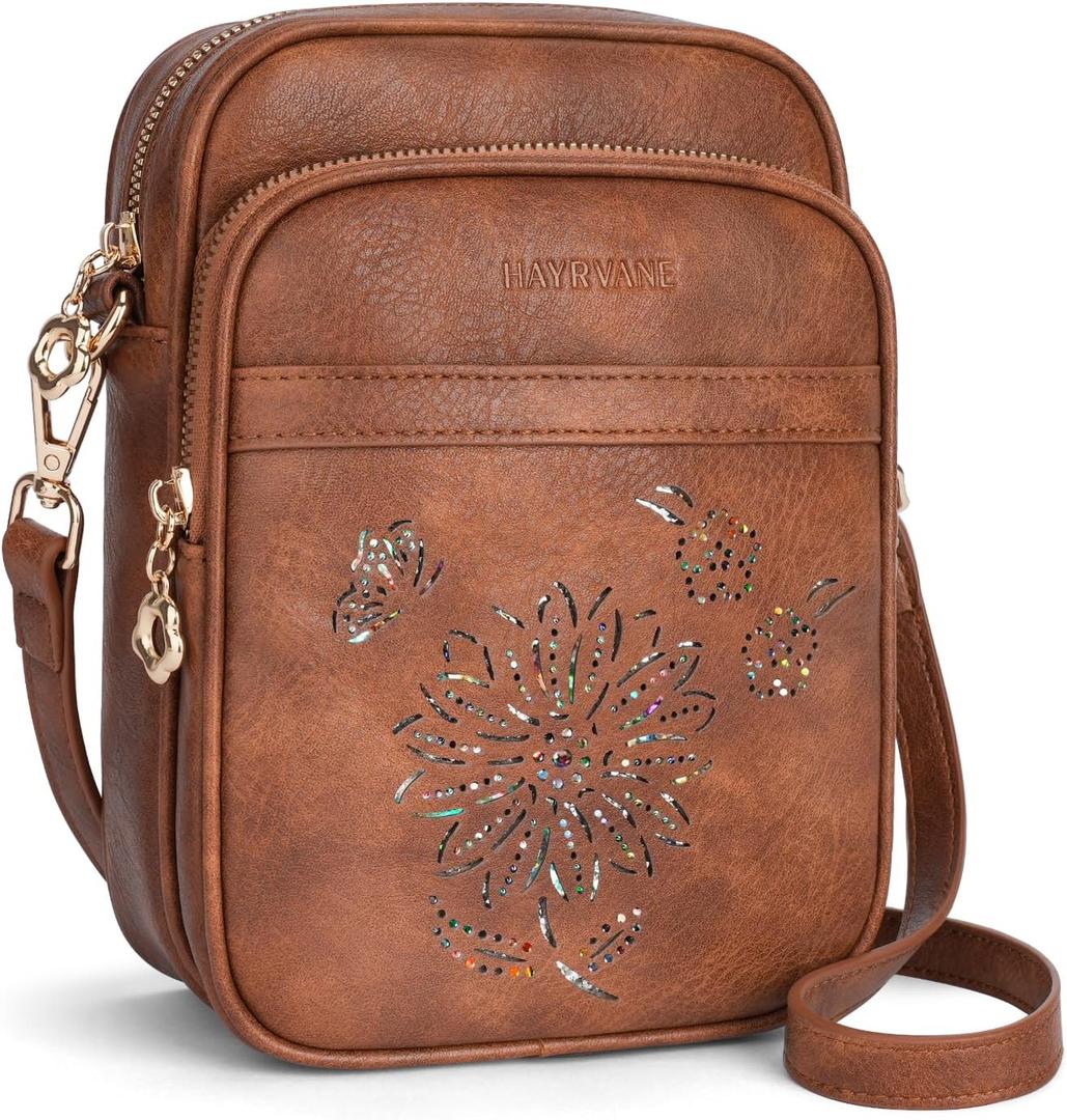 Small Crossbody Bags for Women, RFID Phone Purse with Card Slots, Triple Compartments Lightweight Shoulder Bag (1-brown)