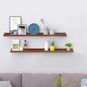 AZSKY 48 Inch Floating Wall Ledge Bookshelf Light Walnut Kids Book Trophy and Family Picture Photo Frames Display Shelves Wall Mounted a Set of 2