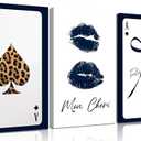 MAVGOUUY 3Pcs Trendy Navy Blue Coquette Canvas Wall Art, Preppy Leopard Ace of Spades Poker Kiss Lips Bows Poster Print, Positive Quote Wall Decor Artwork for Living Room Girls Bedroom Dorm Home Decoration
