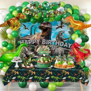 Dinosaur Birthday Party Decorations Kit for Boys - Dino Party Supplies with Tablecloth, Banner, Backdrop, Cake Topper, Balloons & Stickers for Kids