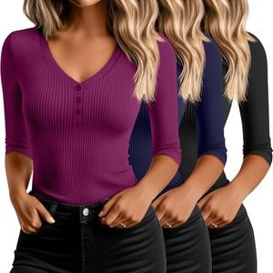 Ficerd 3 Pack Women's 3/4 Sleeve Henley Shirts, Cotton V Neck Ribbed Knit Slim Fit Shirts Tight Basic Tee, M