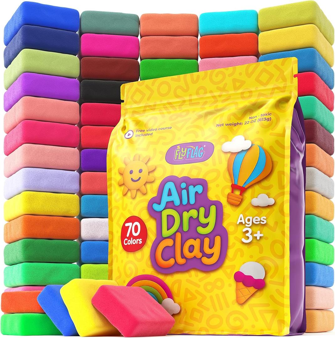 FlyFlag Air Dry Clay - 70 Colors, Ultra Light and Soft, Non-Toxic Modeling Clay for Kids with Tools and Tutorials, for Creative Play and Learning