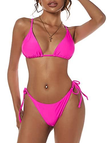 ZAFUL Women's Triangle Bikini Floral String Bikini Set Two Piece Swimsuit Bathing Suits (0-Hot Pink, L)