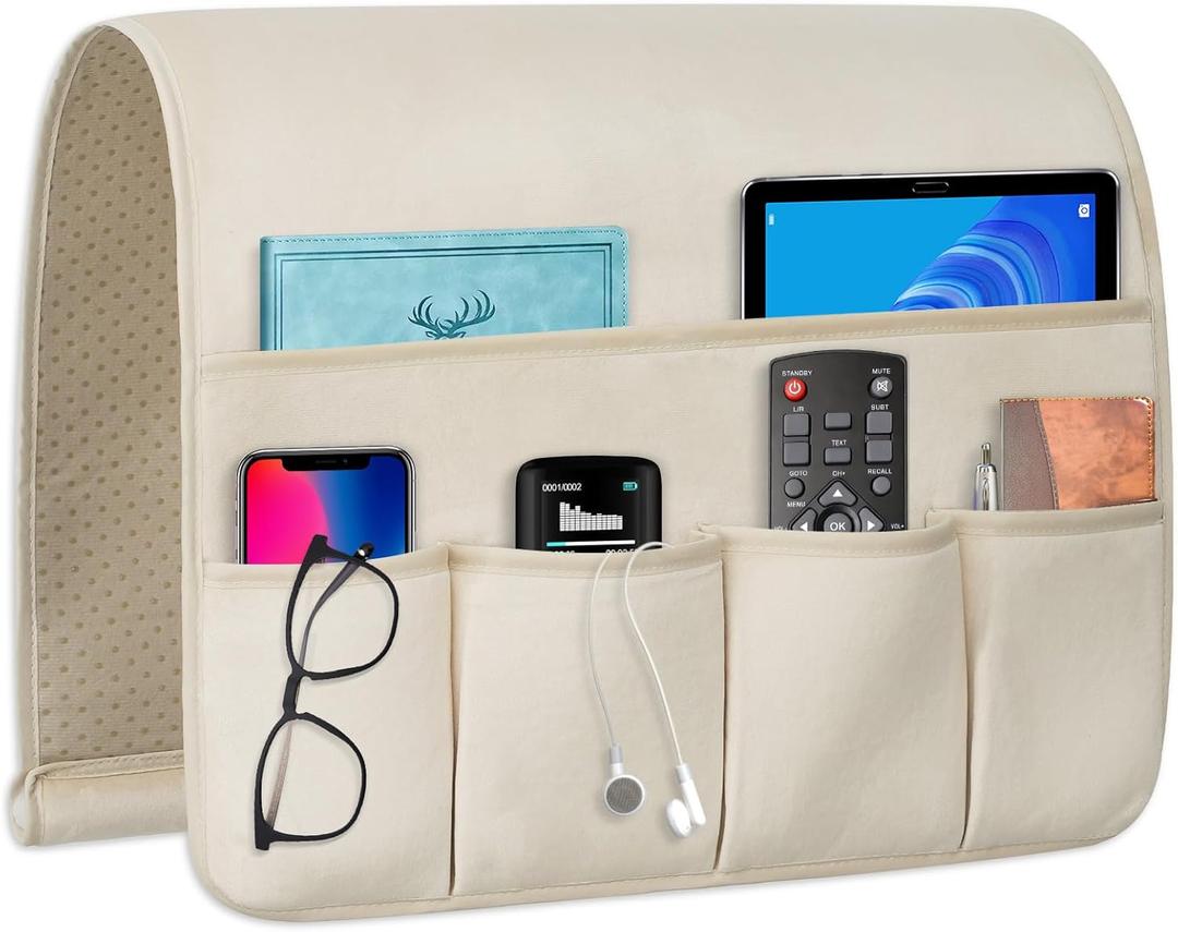 Remote Control Holder for ArmchairCouch Caddy Organizer TV Remote Holder for Bed Storage 5 PocketsRemote Caddy Bedside Organizer Bedside Table Organizer (Beige, 35''x18'')