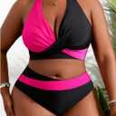 SOLY HUX Women's Plus Size Swimsuit Color Block Halter Criss Cross Bikini Sets Two Piece Bathing Suit (Black, 4XL)