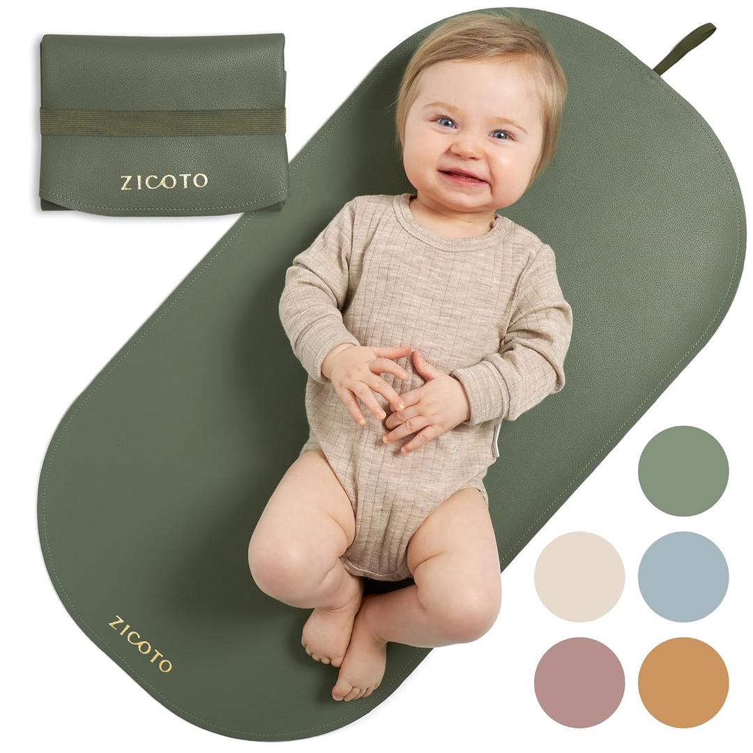 Zicoto Beautiful Baby Diaper Changing Mat Made of Vegan Leather - Soft and Easy to Wipe Changing Pad for Travel or at Home Use - Lightweight and Foldable Mat That Perfectly Fits Into Any Diaper Bag (Sage Green)