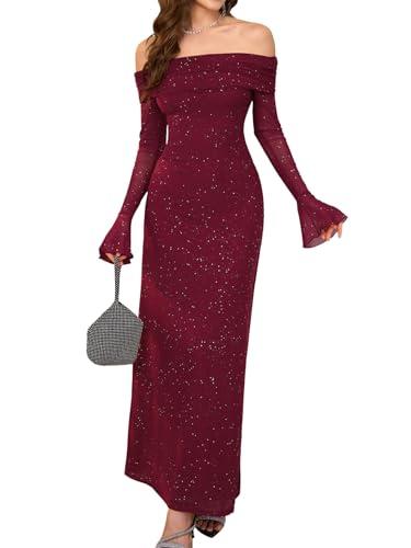 KUTUMAI Women Off Shoulder Bodycon Maxi Dress Long Sleeve Mesh Ruched Party Formal Wedding Guest Dresses Sequin Wine L