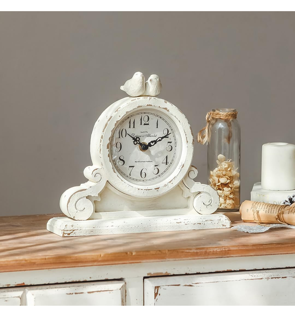 NIKKY HOME Vintage Mantel Table Clock with 2 Birds, Silent Non-Ticking Battery Operated Desk Shelf Rustic Wooden Clock for Living Room Decor - Distressed White