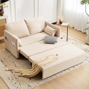 Furnimart 62" Queen Size Pull Out Sofa Bed, 3 in 1 Convertible Sleeper Bed with 6-Position Adjustable Backrest & Side Pockets, Modern Linen Loveseat Futon Couch for Living Room, Apartment, RV, Beige