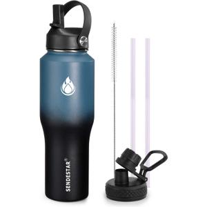 SENDESTAR Water Bottle 32oz,Wide Mouth Stainless Steel Vacuum Insulated Double Wall Keep Liquids Cold or Hot All Day,Sweat Proof Sport Design,Fit Car Cup Holder,(Straw and Spout lid)(Dark blue&Balck)