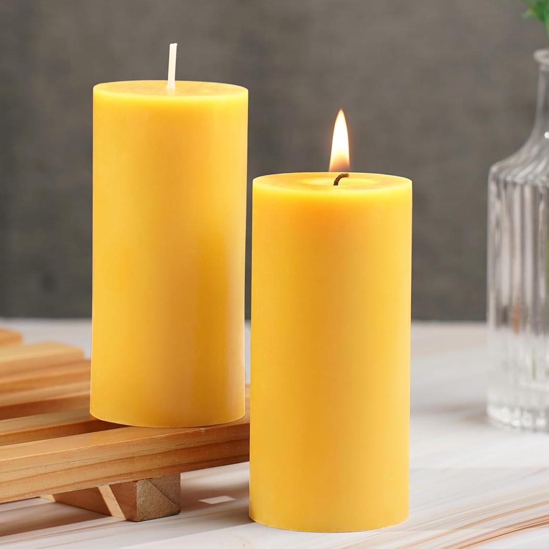 Beeswax Pillar Candles Set of 2, 70 Hours Long Burning, 100% Natural Beeswax Candles for Emergency, Pure Bees Wax for Home, Smokeless & Dripless (Yellow)