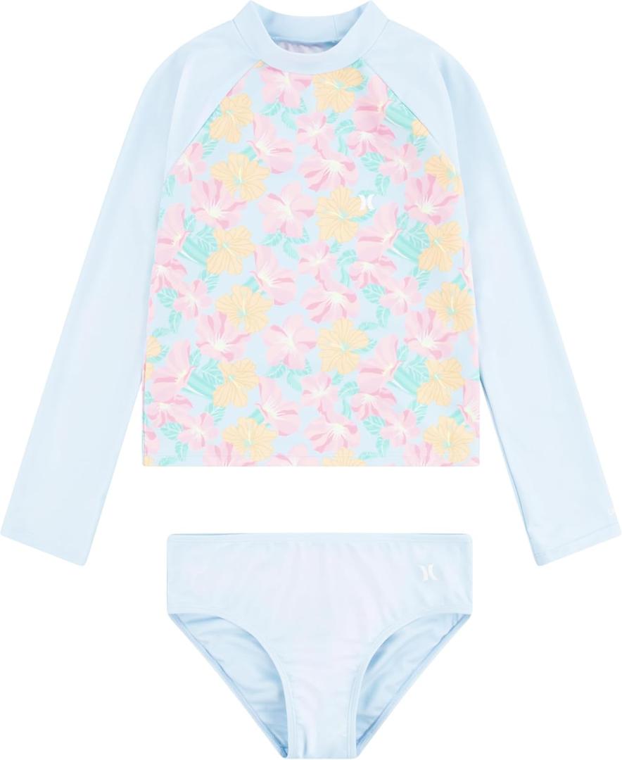 Hurley Girls Long Sleeve Rash Guard 2-Piece Swimsuit (10, Blue Ice/Floral)