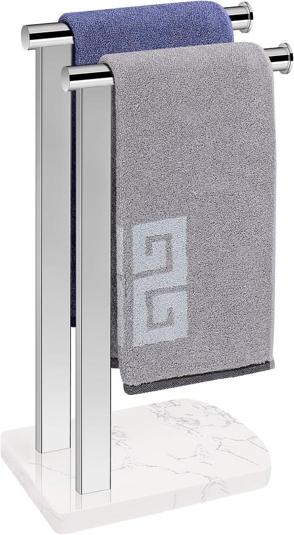 NearMoon Hand Towel Holder with Balanced Marble Base, SUS304 Stainless Steel Stand Towel Ring L Shape Hand Towel Rack Free-Standing Towel Bar for Bathroom Kitchen Countertop (Double Rod, Chrome)