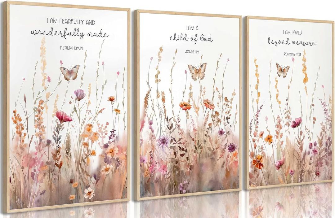 3Pcs Christian Nursery Canvas Wall Art Bible Verse Wildflowers Floral Painting Pictures Wall Decor Poster Print Artwork for Living Room Bedroom Girls Room Home Decorations Unframed (16L''x12W'')