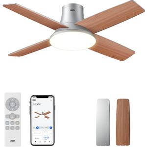 Dreo Ceiling Fans with Lights, 12 Speeds & 3 Fan Modes, Quiet DC Motor, Low Profile Easy to Install, Flush Mount Smart Ceiling Fan with Dimmable LED, 12H Timer for Bedroom, Remote, Silver, 44''