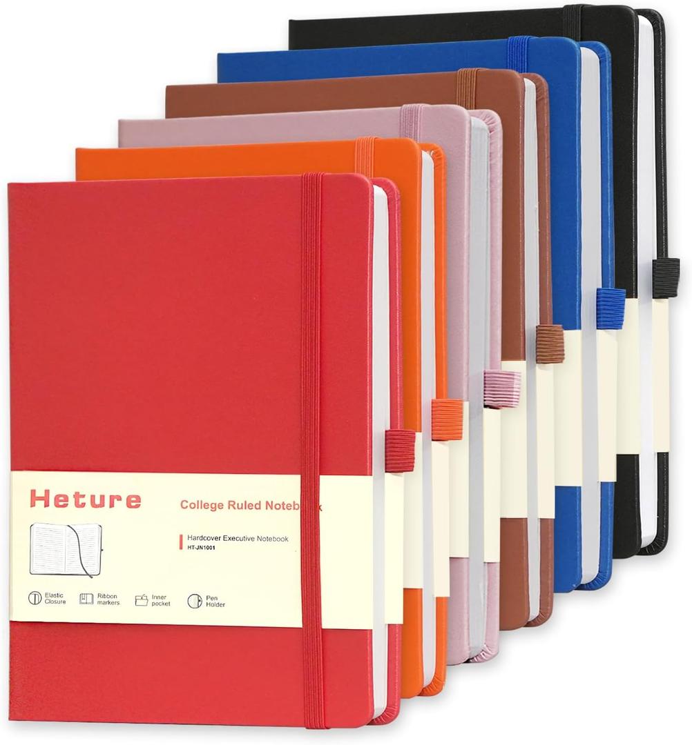 Heture Hardcover Notebooks, 6 Packs A5 Lined Journals Notebook for Writing 160 Pages, 8.2 x 5.5 inch, Classic Ruled Notebooks for College/Work/Travel (Assorted Color-6 Pack)