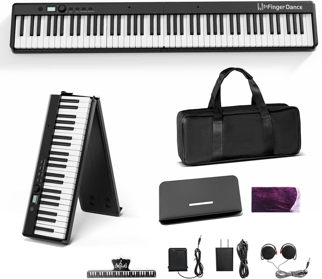 Finger Dance Folding Piano Keyboard 88 Keys, Portable Electric Keyboard with Bluetooth MIDI, Full Size Digital Piano, Wood Grain, Semi-Weighted, Touch Sensitive, with Storage Bag for Beginner (black)