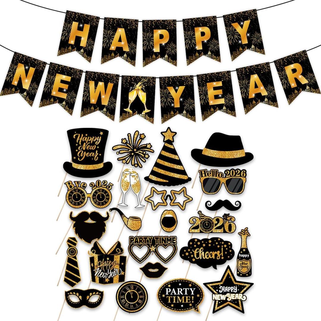 Happy New Years Banner Photo Booth Props 2026 Kits- New Years Decorations Party Suplies Decor Funny Cute Holiday Selfie Supplies for Celebratory Eve Photography