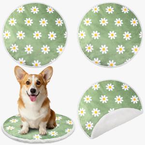 Kathfly 4 Pack 20"x20" Washable Pet Mats Crate Liner Pads with Daisy Design, Round Dog Cat Crate Pads, Soft Coral Fleece Liner for Small Pets, Ideal for Crates, Sofas, and Travel