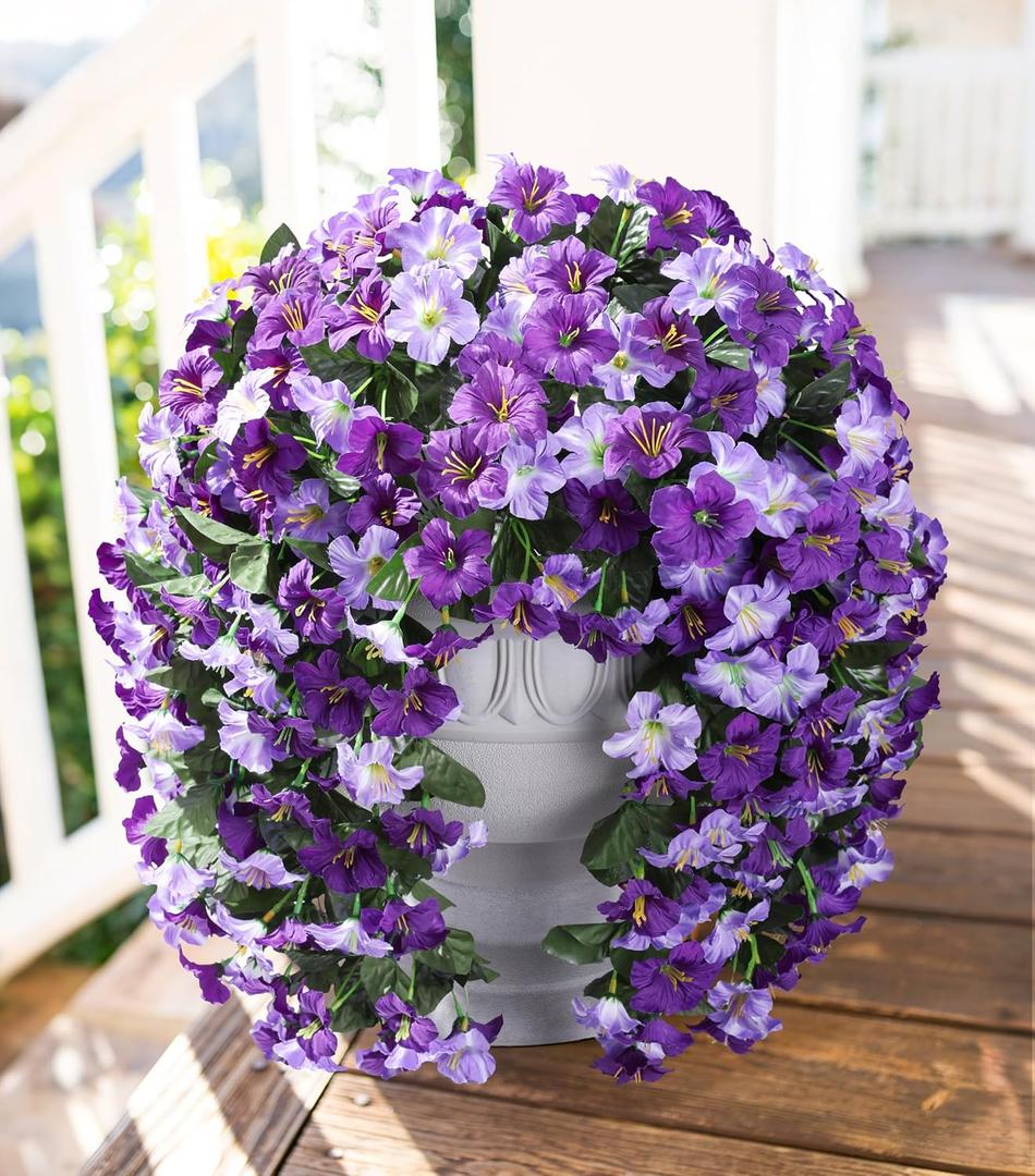 9 x HyeFlora Artificial Flowers for Outdoors, 2pcs Faux Hanging Morning Glory Silk Fake Flowers Lifelike Artificial Plants UV Resistant Flowers for Outside Planter Patio Garden Porch Decor (Purple)