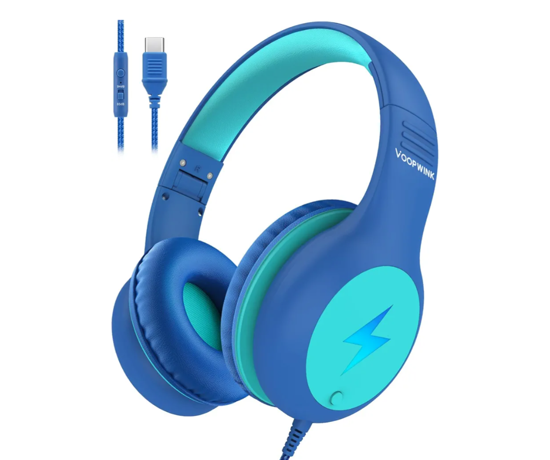 Kids Headphones Wired with Microphone, USB Type C Headphones for Kids Girls Boys with Cord/LED Lights/85/94dB Volume Limit, Portable Over Ear Headphones for School/Travel/Tablet/iPad