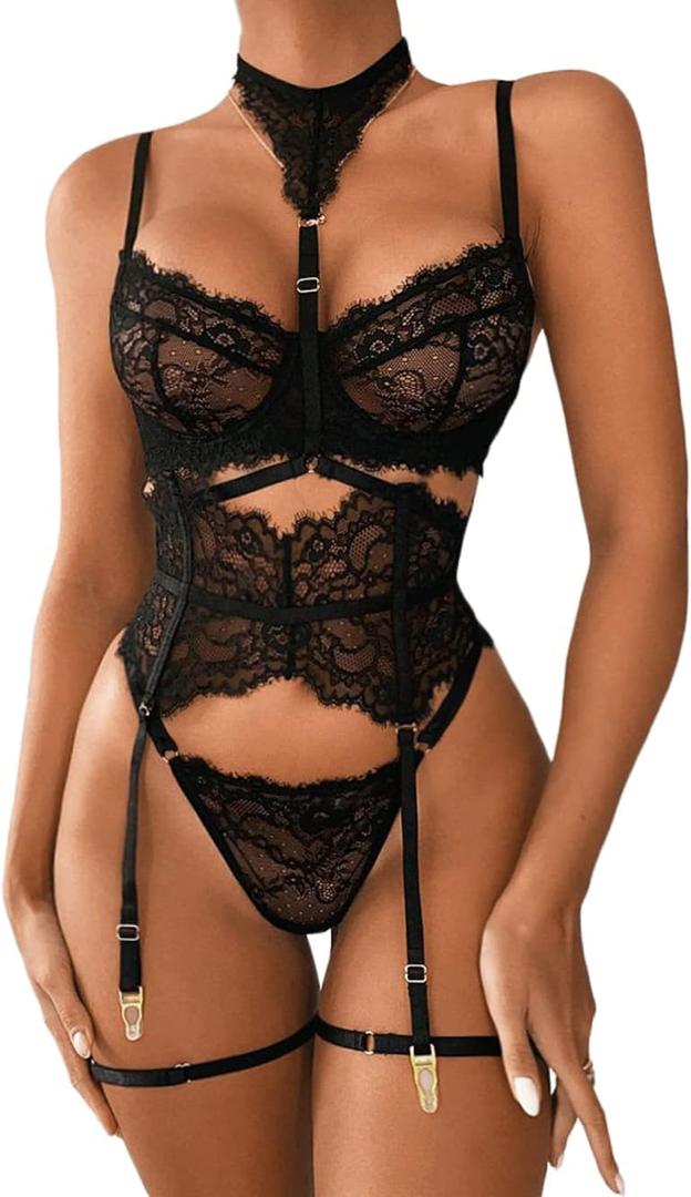 Kaei&Shi Garter Lingerie Set for Women, Sexy Floral Lace, Strappy High Waisted Hide Belly, 4 Piece with Exotic Choker Belt (0-2, Black)