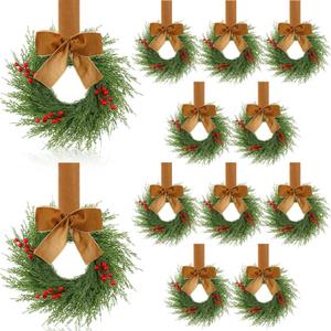 12 Pcs 9'' Small Christmas Kitchen Cabinet Wreaths with Plaid Bow Ribbon Mini Hanging Christmas Wreath Artificial Greenery Wreath for Front Door Porch Wall Window(Khaki Color)