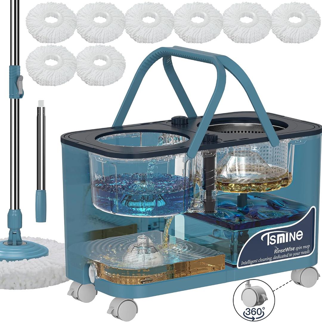 RinseWise Large Gen 1 Mop Bucket Set, Clean/Dirty Water Separation,8 Heads