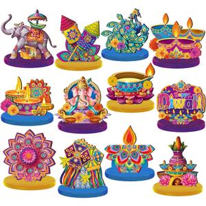 Wesiti 12 Pcs Diwali & Ganesh Chaturthi Decorations Diwali Table Decorations Signs Indian Festival Table Centerpiece with Ganesha Idol, Peacock, Lotus Marigold Tea Lights for Mandap Home Office Decor