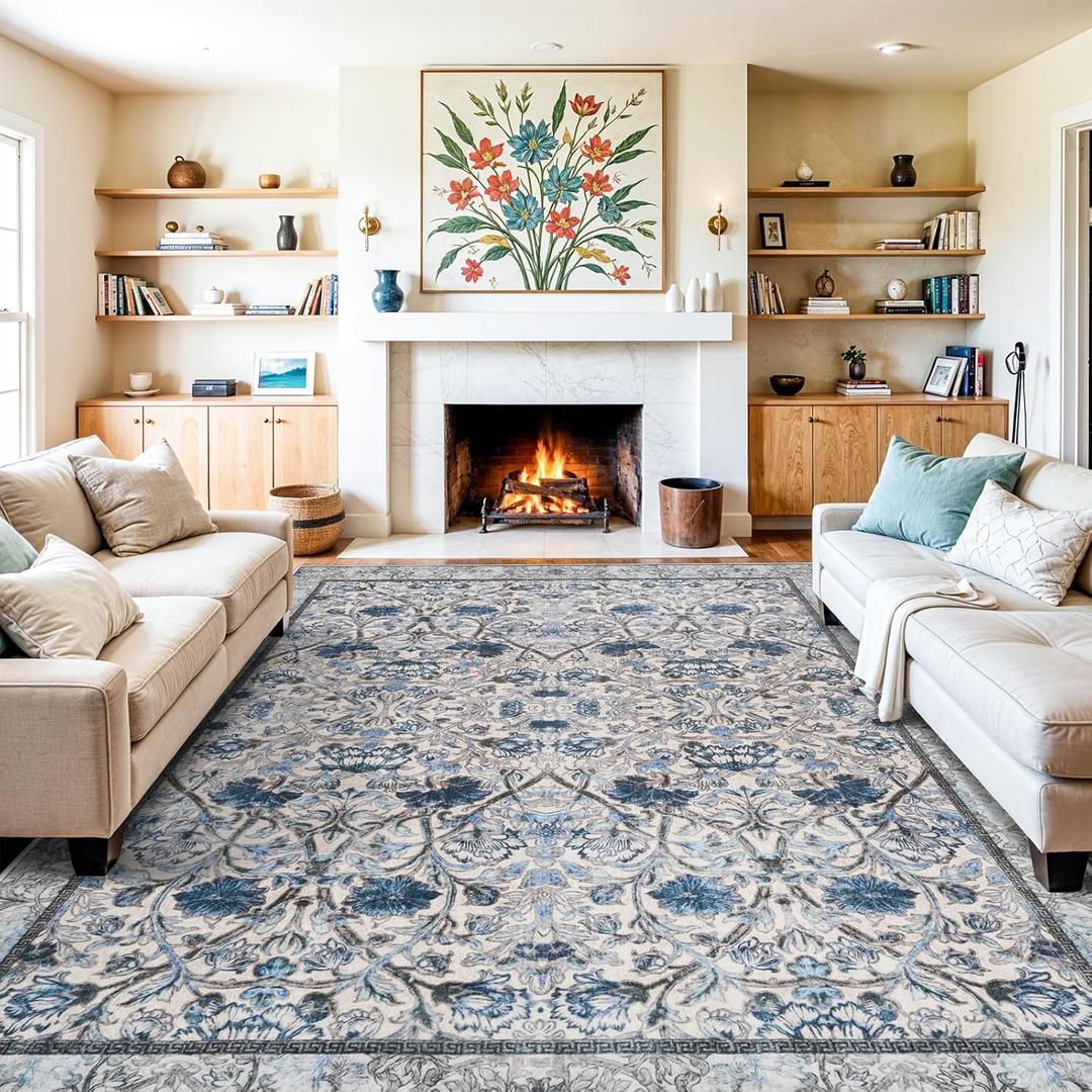 10 x 14 Area Rug - Floral Living Room Area Rug Washable Vintage Rugs Low Pile Non Slip Carpets with Rubber Backing Soft Indoor Thin Rug for Bedroom Dining Room Office 10x14 Blue Cream
