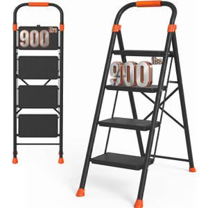 Step Ladder, 900lbs Capacity Heavy Duty Step Stool with Safety Lock, Wide Anti-Slip Pedal, Black Sturdy Step Ladder, Step Ladder 4 Step Folding with Orange Cushioned Handle for Kitchen, Home & Garage