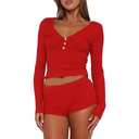 RUEWEY Womens Ribbed Knit Pajama Sets Long Sleeve Top and Shorts Matching Lounge Set PJ Set 2 Piece Outfits S