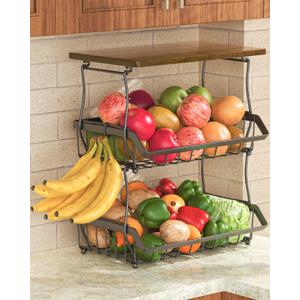 XYZLVSI 3 Tier Countertop Fruit Basket Bread Bowl with Wooden Top for Kitchen, Stackable Vegetable Potato Onion Storage Wire Basket with Banana Hangers, Black