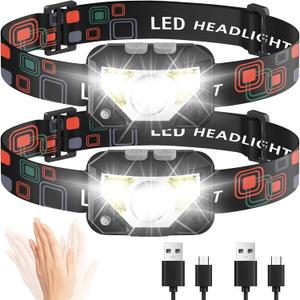 Rechargeable Headlamp LED 1200 Lumen Head Lamp with 8 Mode Motion Sensor White Red Light Waterproof Headlight for Running Cycling Working Camping HL-DJ Pack of 2