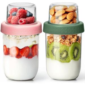 16+4oz Glass Yogurt Parfait Cups with Lids, Reusable Containers with Dry & Wet Separation, Leak-Proof for Overnight Oats, Meal Prep, Portable to Work & School, Easy Clean 2 Pack (Pink+Green)