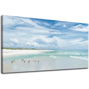 NINEASO Sea Beach Canvas Wall Art Aqua Ocean Pictures Nature Wall Decor Coastal Seagulls Prints Modern Seascape Painting Artwork for Living Room Bedroom Office Wall Decoration 24" x 48"