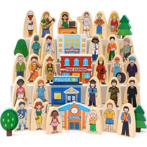 Atoylink 36Pcs Wooden Community Helpers Pretend Play Toys for Kids 3 4 5 6 Year Old, Wooden People Figures Blocks Occupations Dress up Toddlers Preschool Learning Toys Boys Girls Birthday Gifts