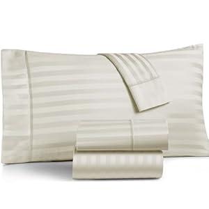 TEXAS LINEN CO. Luxury Egyptian Cotton King Size Sheet Set - Texan Talkin' Damask 600 Series 4 PC Deep Pocket Fitted and Flat Sheets, Cooling Extra Long Staple Sateen Hotel Bedding - Ivory Stripe