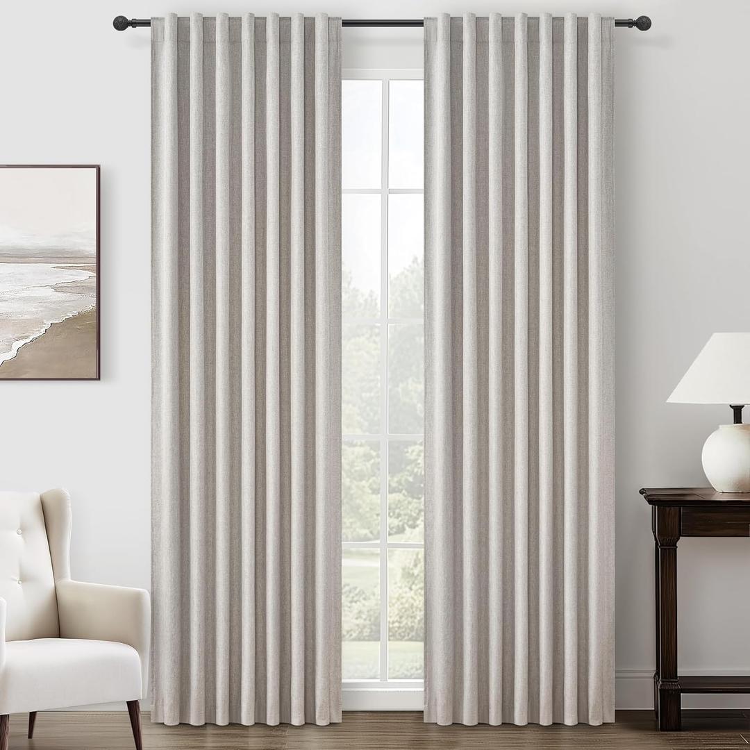 Pleat Linen Blend Room Darkening Curtains 84 Inch Length 2 Panels Set for Living Room, Natural Melange Grey for Bedroom Windows Blackout Drapes Heat Blocking Curtain for Summer Heat (50"Wx84" L)