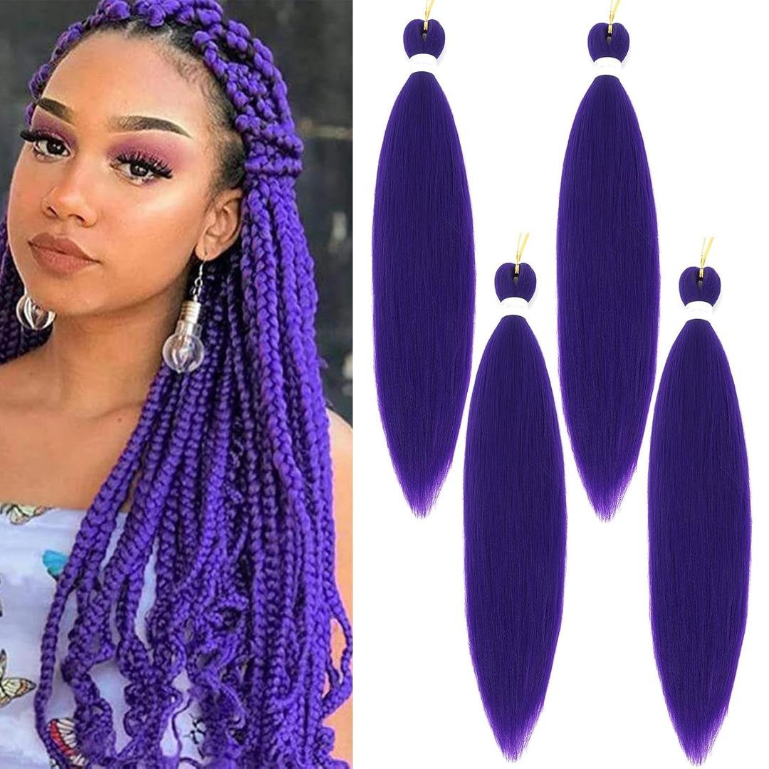 22inch Pre Stretched Purple Braiding Hair 4pcs/pack Hot Water Setting Styles Medium Length Braid Hair For Box Braids(Purple)