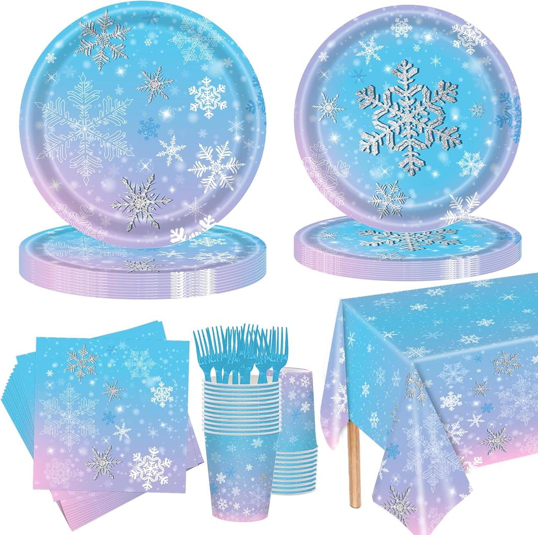 126 Pcs Frozen Birthday Party Supplies Disposable Winter Snowflake Paper Plates Napkins Cups Forks Tablecloth for Christmas Winter Wonderland Frozen Birthday Party Decorations Serves 25