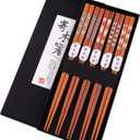 GLAMFIELDS Reusable Chopsticks Japanese Natural Wooden 5 Pairs Classic Style Lightweight Safe Chop Sticks 8.8 Inch/22.5cm Gift Set (Brown)
