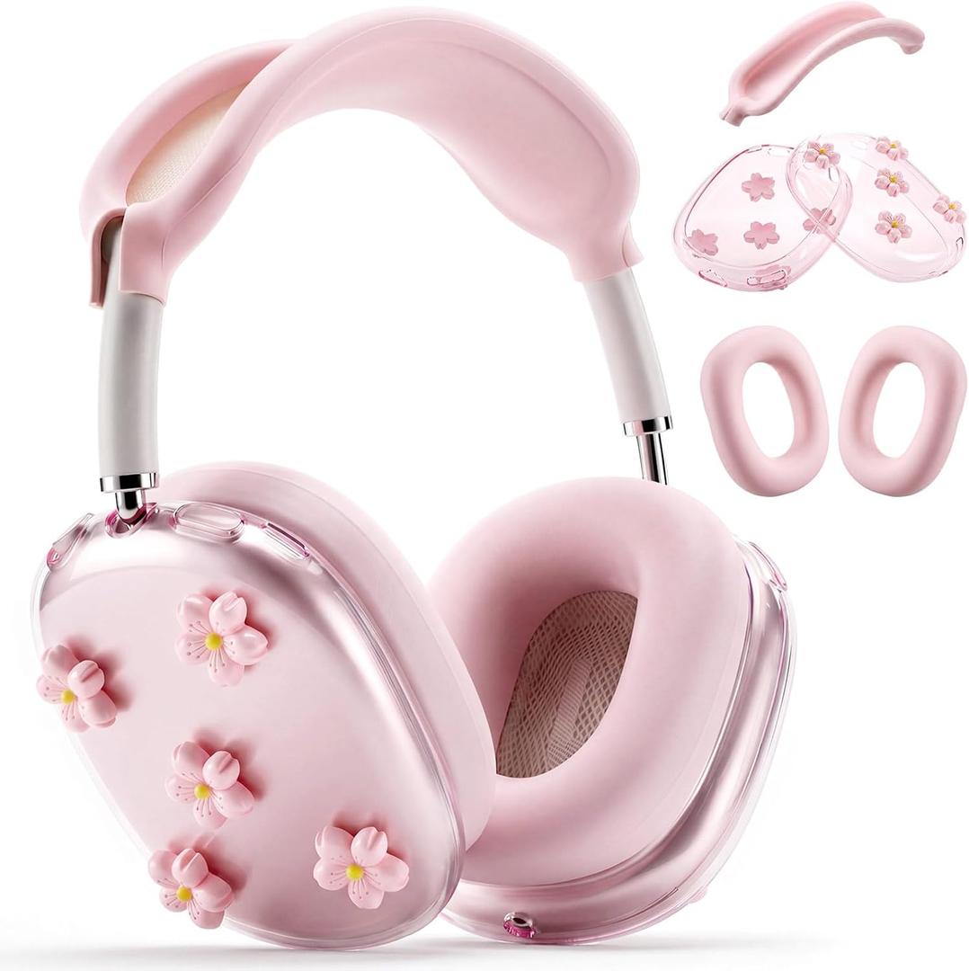Sabary 5 Pcs Pink Sakura Silicone Case Cover Compatible with Airpods Max Headphones Cute Bow Clear Heart Compatible with Air Pod Max (USB-c)(2024/2020) Coquettish Ear Pad Protector for Women