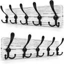 Rustic Coat Rack Wall Mount  Solid Pine Wood Wall Coat Rack with 5 Triple Hooks  Pre-Assembled Hook Rack  17" Long, 16" Hole to Hole  Heavy Duty Wall Mounted Coat Hanger - 2 Pack (White)