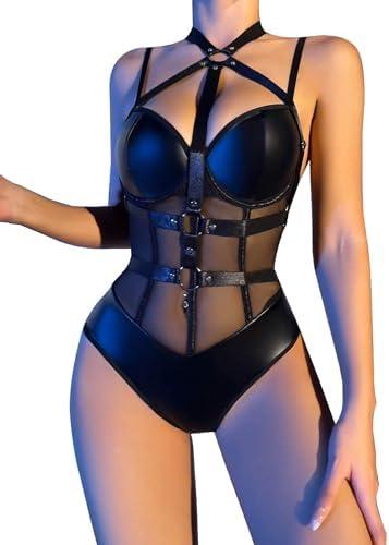 Lilosy Sexy Crisscross Choker Leather Pu Underwire Babydoll Women Harness Teddy Bodysuit Nightshirt One Piece, Large, Black 