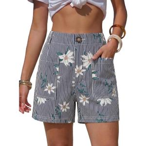 EXLURA Women's Summer Cute Striped Shorts Comfy Cotton Elastic Waist Floral Shorts Casual Boho Beach Short Pants with Pockets (White, L)
