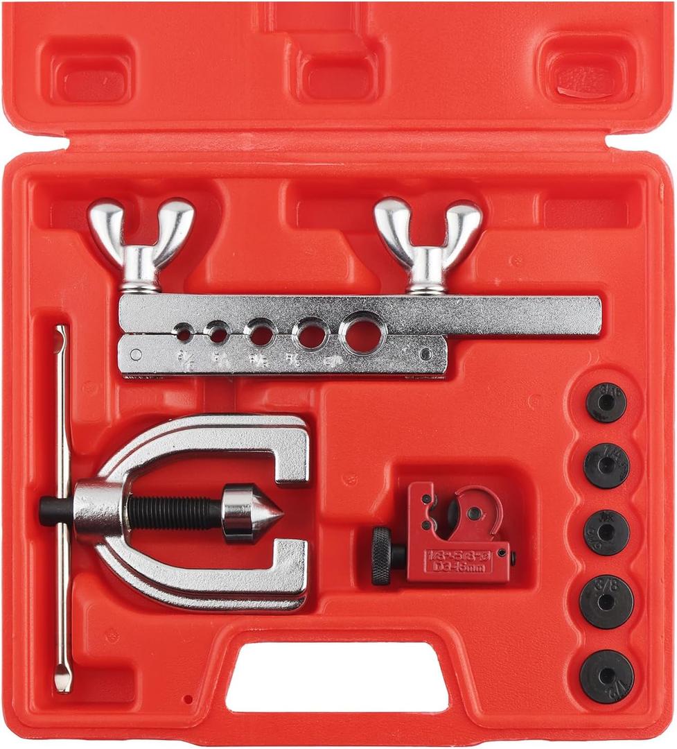 Brake Line Flaring Tool Kit,Single & Double Brake Flare Tool Kit Includes Adapters,Flare Cone,Flares Rod,Tube Cutter,Universal Brakes Line Flares Tools Kits for Cars,SUVs,Trucks
